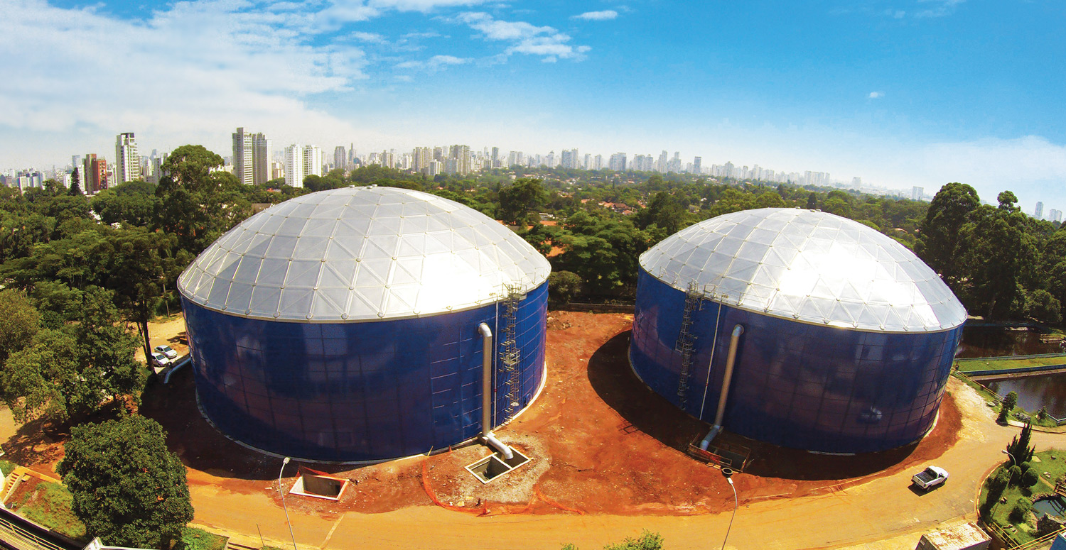 blue water storage tanks with aluminum domes