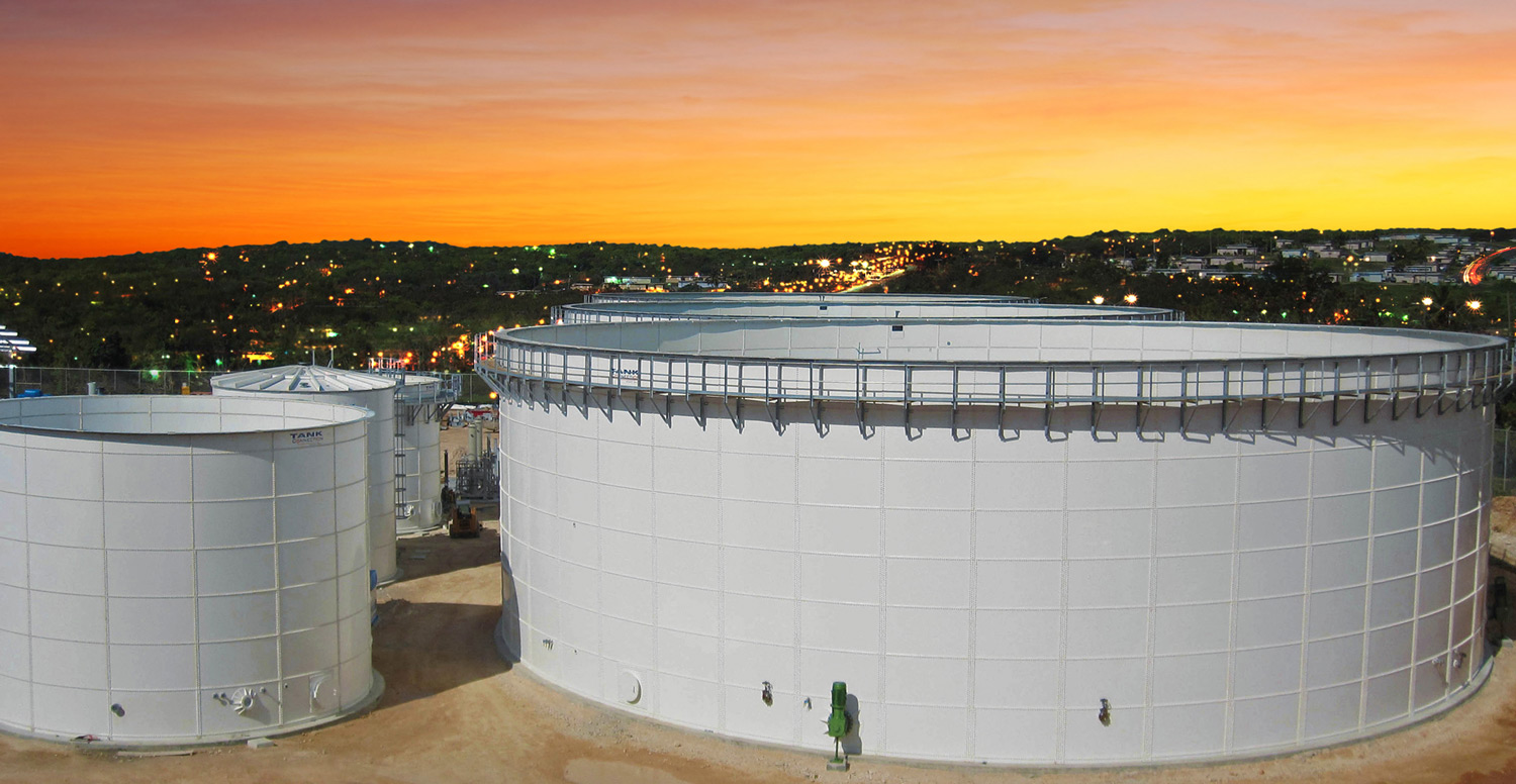 white bolted wastewater storage tanks